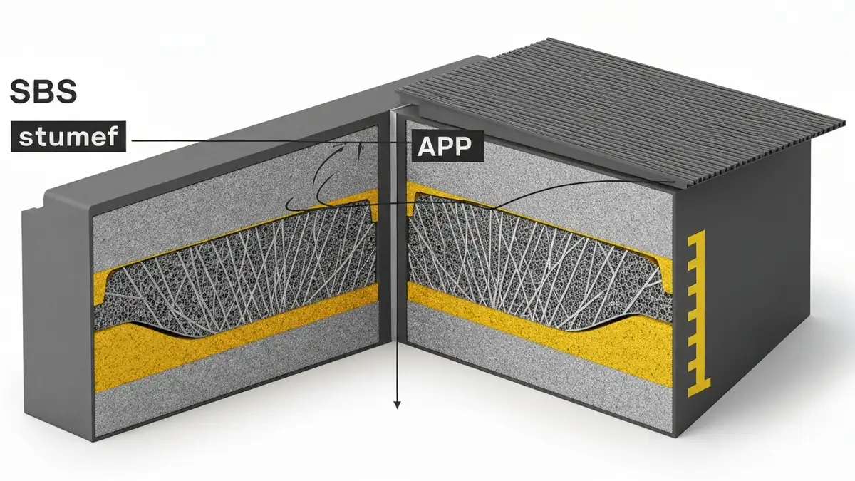 Porównanie przekroju papy SBS i APP na dachu płaskim - schemat techniczny