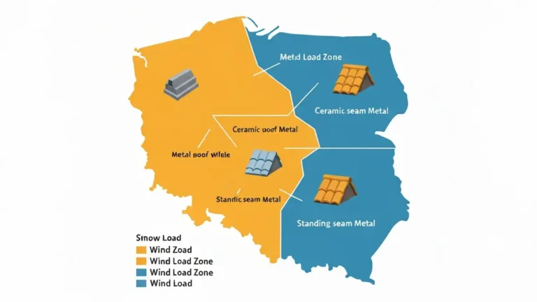 Mapa stref wiatrowych i sniegowych Polski z naniesionymi przykładowymi pokryciami dachowymi