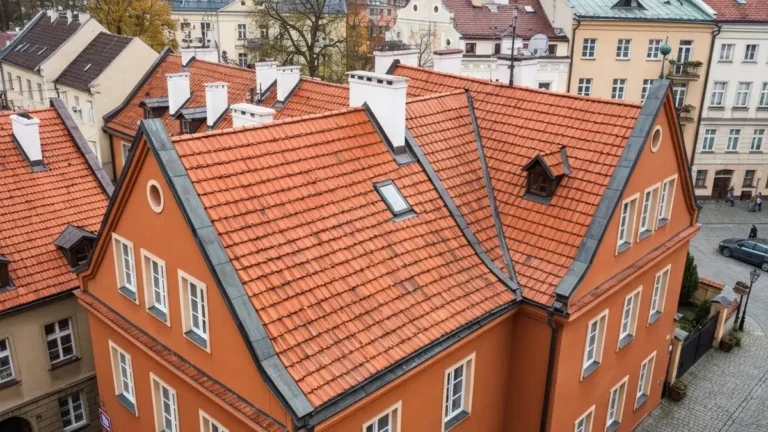 Dach zabytkowej kamienicy pokryty dachówką ceramiczną karpiówką w centrum polskiego miasta