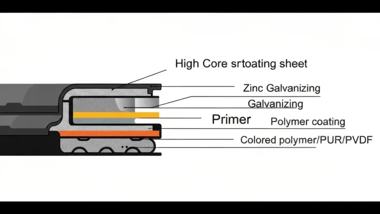 Przekroj poprzeczny blachodachowki pokazujacy warstwy powloki antykorozyjnej: stal, cynk, grunt, polyester