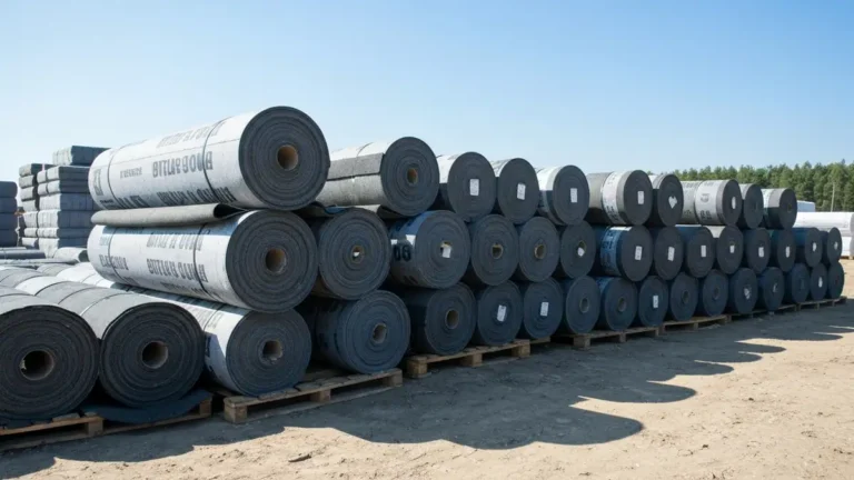 Rolki pap dachowych różnych producentów ułożone na placu budowy w Polsce
