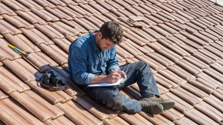Dekarz wypełniający protokół przeglądu dachu z dokumentacją fotograficzną na tle dachu z dachówką ceramiczną