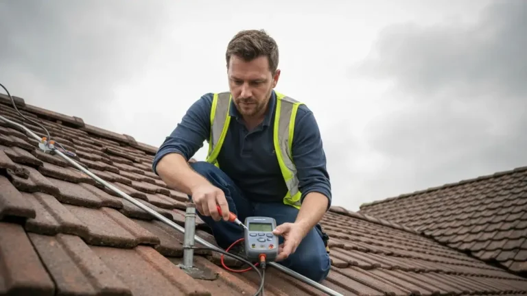 Elektryk mierzacy rezystancje uziemienia instalacji odgromowej na dachu domu jednorodzinnego