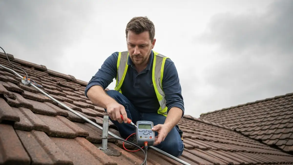 Elektryk mierzacy rezystancje uziemienia instalacji odgromowej na dachu domu jednorodzinnego