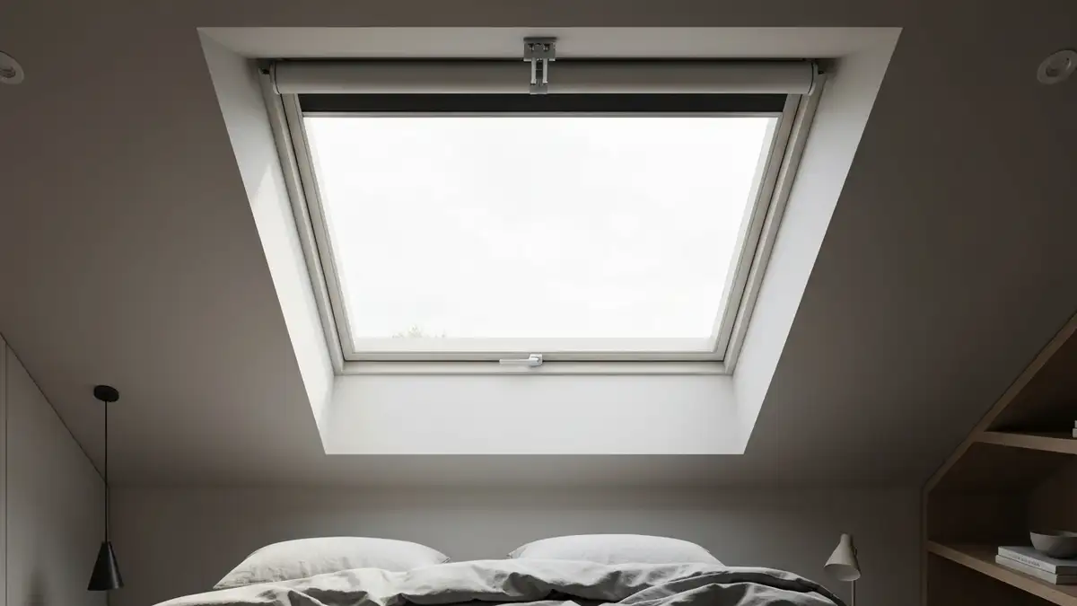 Roleta zaciemniajaca do okna dachowego Velux zamontowana na poddaszu z widocznym mechanizmem szynowym