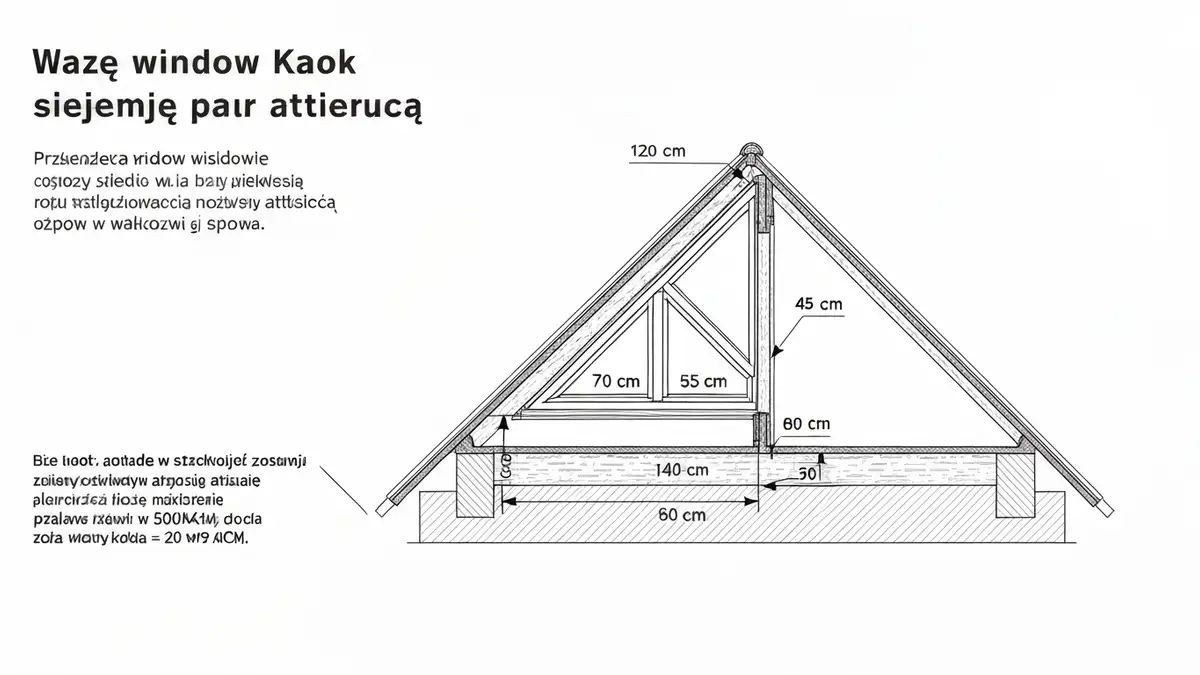 Schemat doboru rozmiaru okna dachowego do powierzchni poddasza — diagram z wymiarami