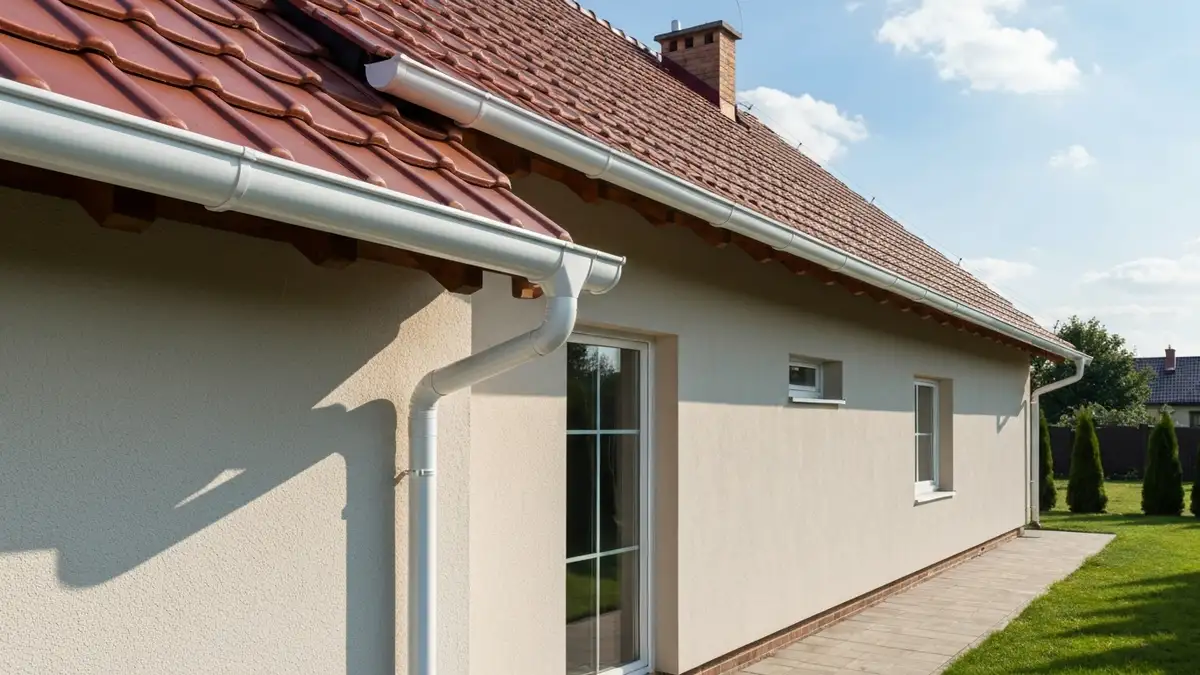 System orynnowania domu jednorodzinnego - rynny PVC i rury spustowe na elewacji