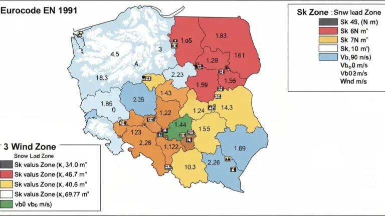 Mapa stref sniegowych i wiatrowych Polski wedlug norm PN-EN 1991-1-3 i PN-EN 1991-1-4 z podziałem na strefy i wartosciami obciazenia