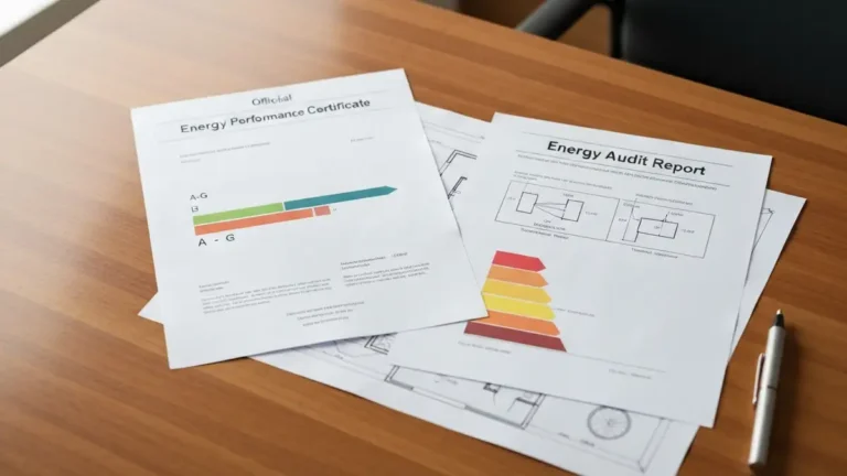 Porównanie świadectwa energetycznego i audytu energetycznego budynku – dokumenty obok siebie na biurku z projektem domu
