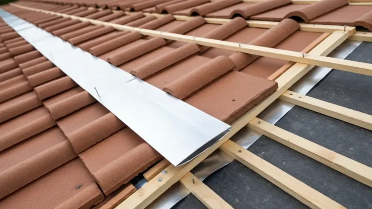 Taśma kalenicowa zamontowana na kalenicy dachu pokrytego dachówką ceramiczną – widok z bliska na szczegół uszczelnienia
