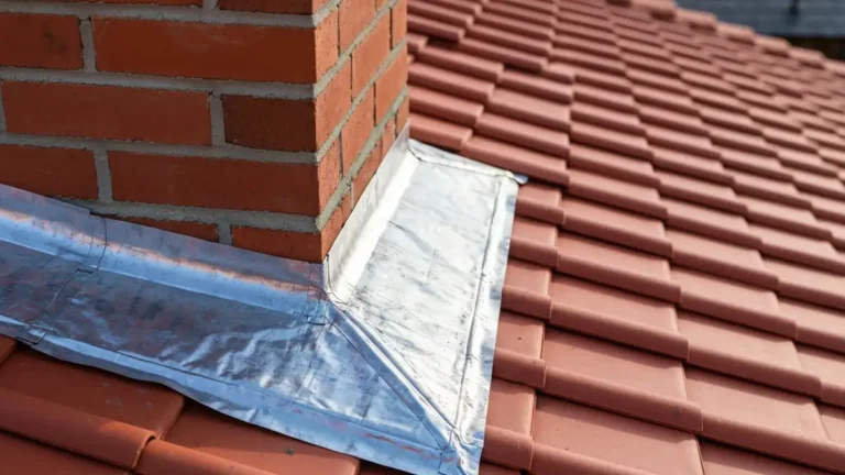 Taśma ołowiana zamontowana przy kominie na dachu pokrytym dachówką ceramiczną