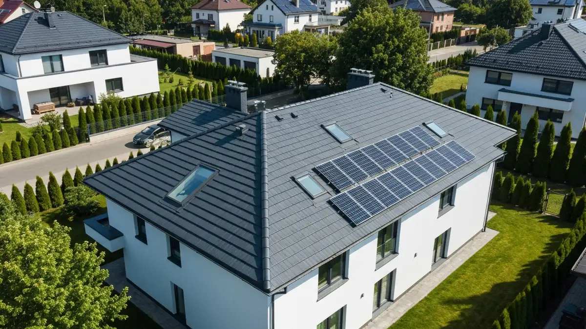 Tesla Solar Roof na domu jednorodzinnym — dachówki solarne zintegrowane z dachem