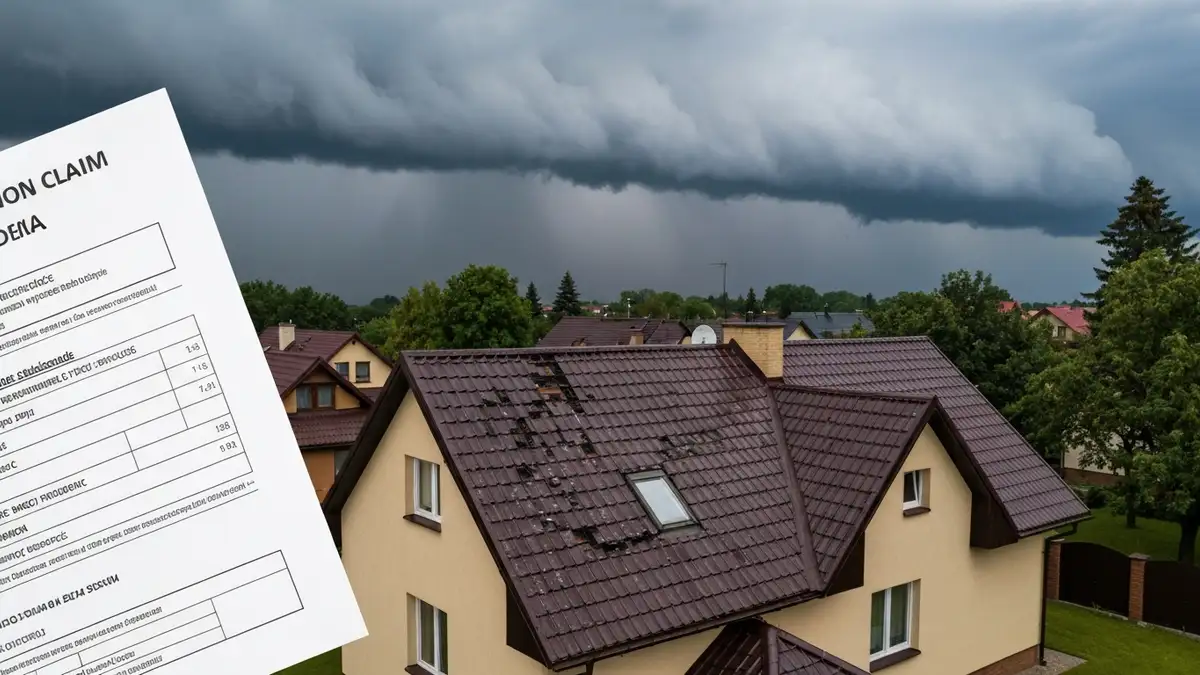 Uszkodzony dach po burzy gradowej z widocznymi wgniesieniami na blachodachówce i formularzem zgłoszenia szkody ubezpieczeniowej
