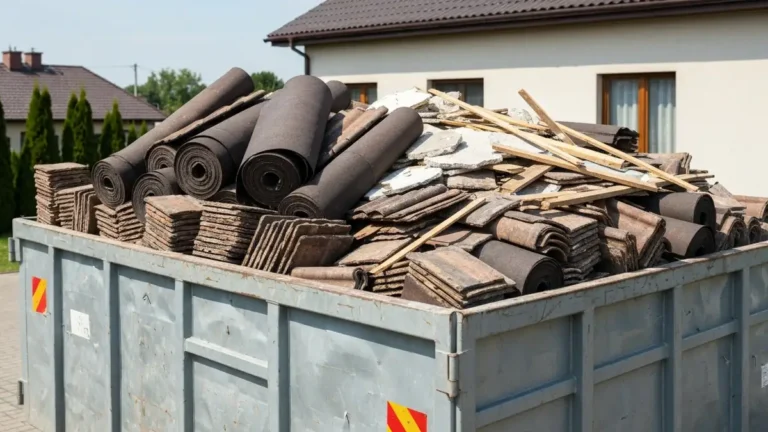 Kontener na odpady budowlane z dachu wypełniony starą dachówką i papą podczas remontu