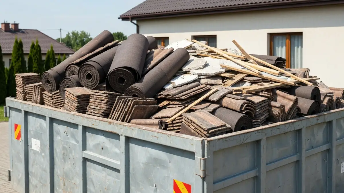 Kontener na odpady budowlane z dachu wypełniony starą dachówką i papą podczas remontu
