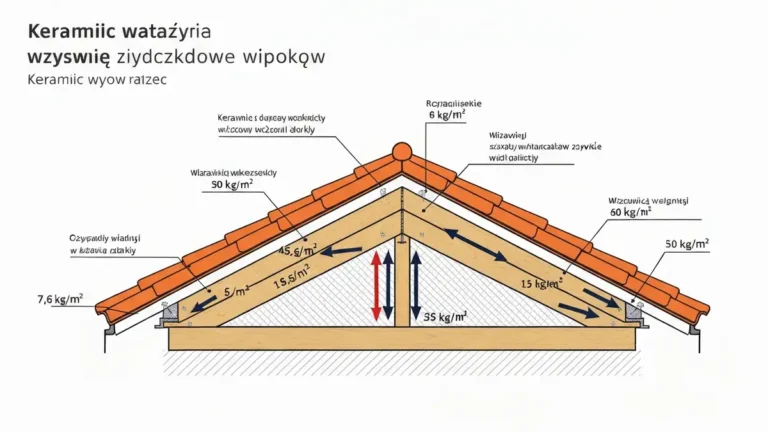 Schemat przekroju dachu ceramicznego z oznaczeniem obciążeń na więźbę dachową