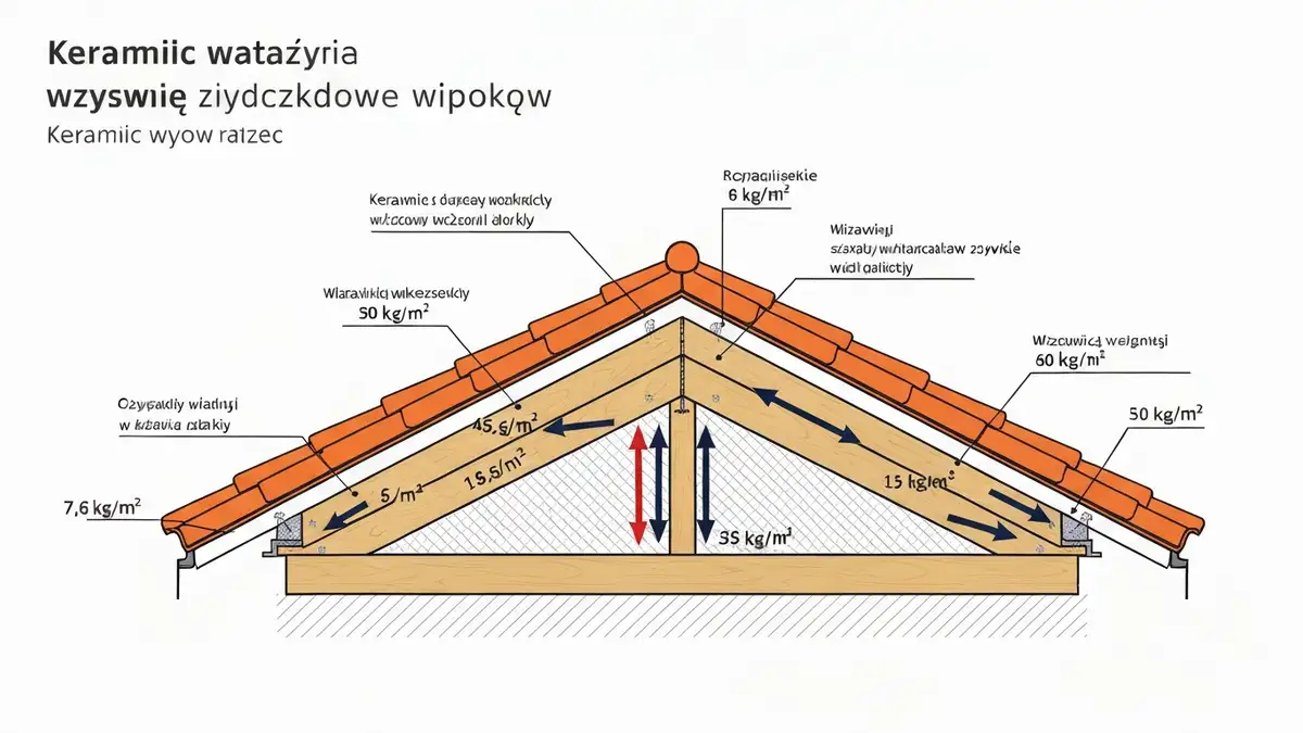 Schemat przekroju dachu ceramicznego z oznaczeniem obciążeń na więźbę dachową