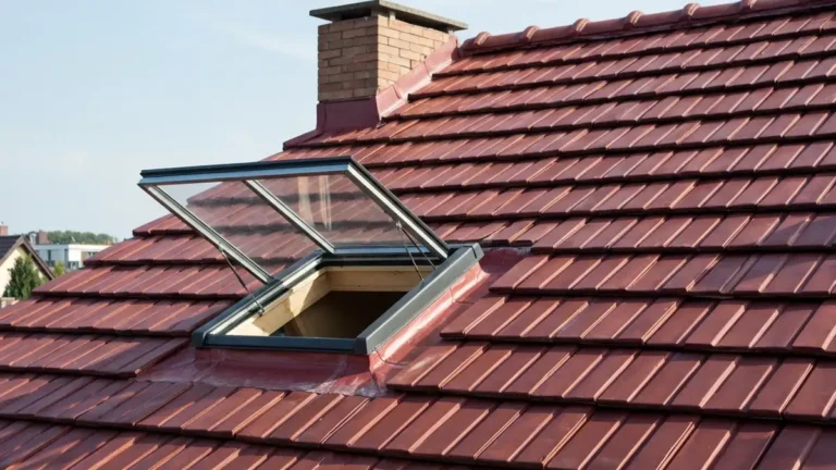 Wyłaz dachowy naswietlony zamontowany w dachu skosnym pokrytym dachowka ceramiczna