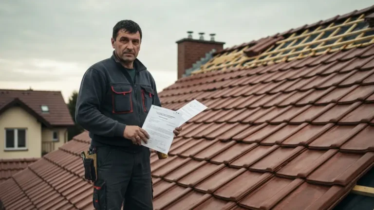 Dekarz sprawdzajacy dokumenty budowlane na tle wymienianego dachu ceramicznego w 2026