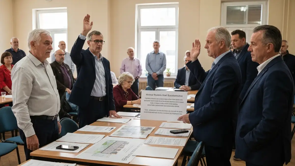 Zebranie właścicieli lokali wspólnoty mieszkaniowej głosujących nad uchwałą o wymianie dachu kamienicy