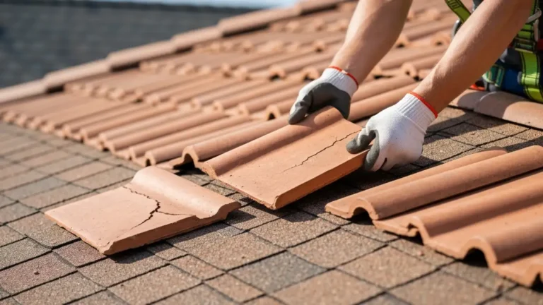 Ręce w rękawicach budowlanych wymieniające uszkodzoną dachówkę ceramiczną na dachu skośnym
