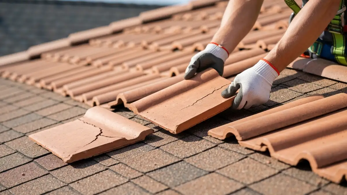 Ręce w rękawicach budowlanych wymieniające uszkodzoną dachówkę ceramiczną na dachu skośnym