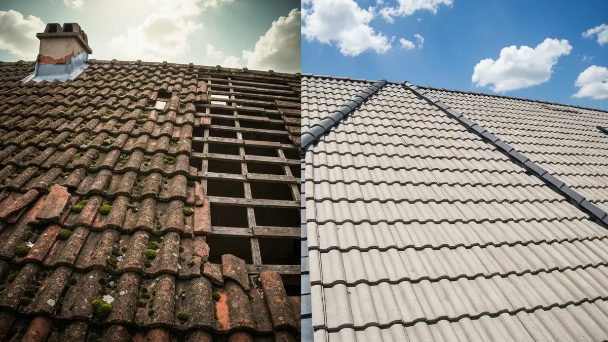 Porownanie starego zniszczonego dachu z nowym pokryciem dachowym — remont czy wymiana